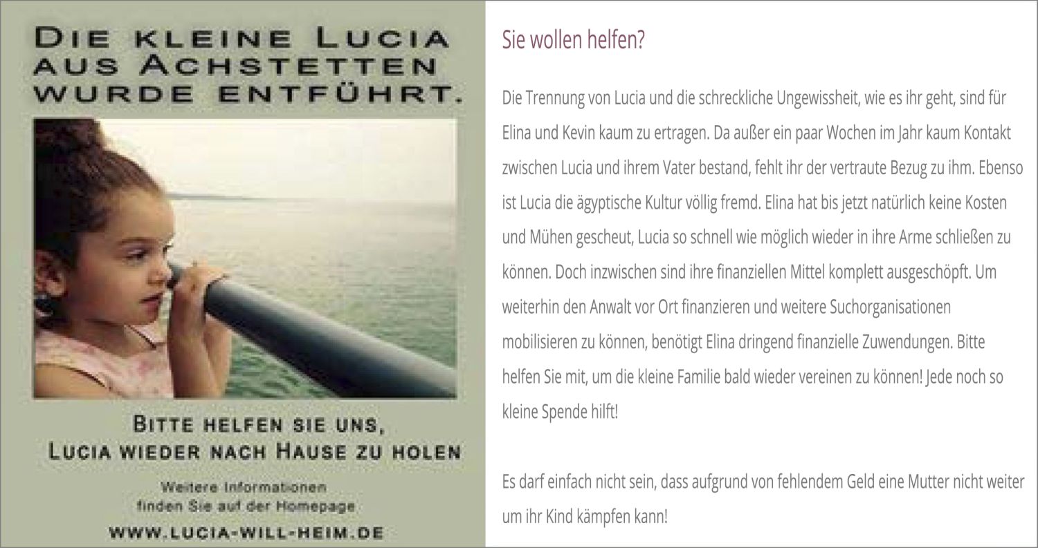 Helferherz für entführte Kinder eV - Netzauftritt für Lucia
