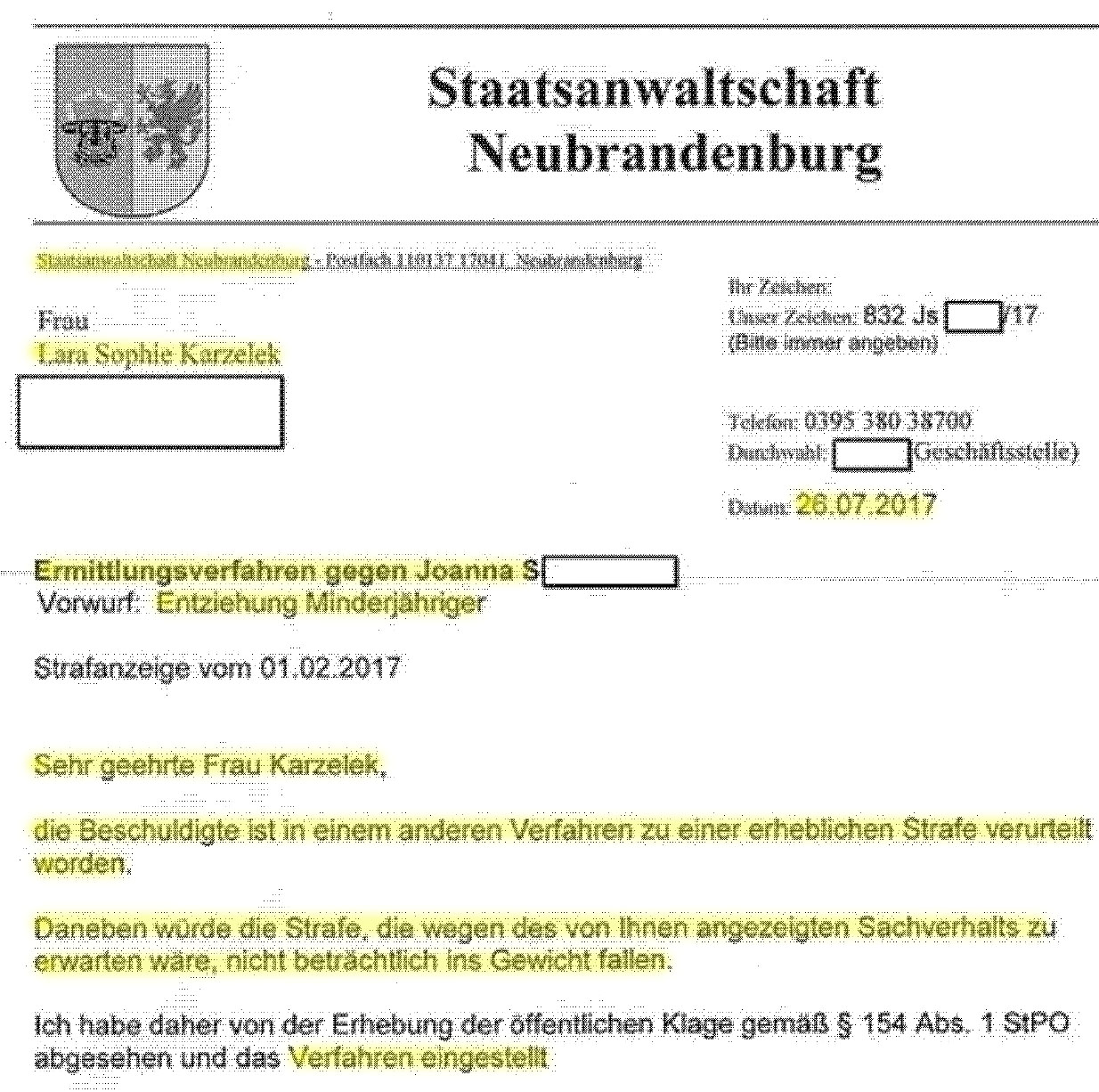 Laras Entführung - Grotesker Einstellungsbescheid der Staatsanwaltschaft Neubrandenburg